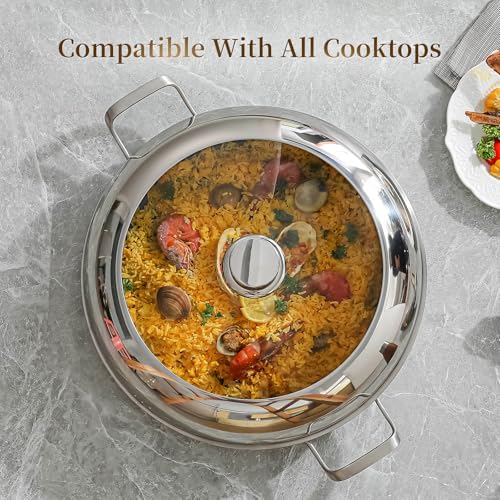 DELARLO Paella Pan With Lid 14 Inch Tri-Ply Large Stainless Steel Nonstick Frying Pan,Induction Skillets,Fast Heating Cookware,Indoors Outdoors,paelleras para 12 personas Jumbo Cooker - Image 6