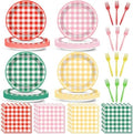 96 Pcs Camp Checkered Paper Plates and Napkins Plaid Checkered Bachelorette Party Supplies Glamping Birthday Tableware Set Spring Summer Plaid Camping Themed Party Favors Baby Bridal Shower by ojustbeok