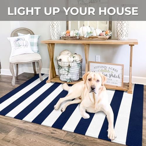 IOHOUZE 3x5 Striped Outdoor Rug, Washable Front Porch, Navy White - Image 4