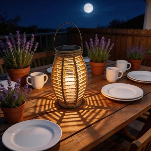 Solar Powered Rattan Lantern with Handle, 8.3 Inch, Warm White LED - Image 5