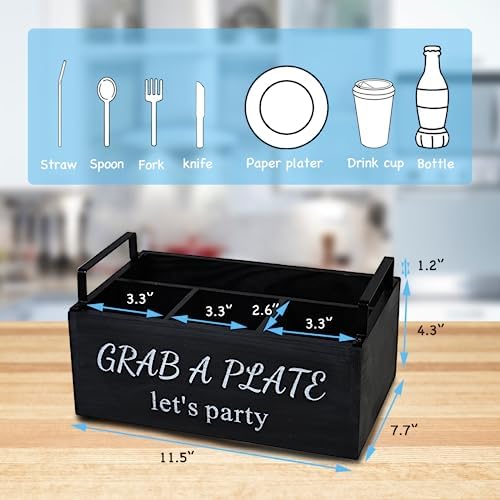 Paper Plate Holder, Utensil Caddy Organizer, Wood Paper Plate Dispenser, Silverware Caddy Holder, and Disposable Coffee Bar Accessories Box for Kitchen Counter, Party, Camping, Picnic (4 compartment) - Image 3