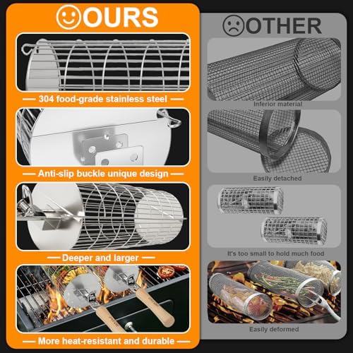 TNTOR Rolling Grill Basket, Larger 304 Stainless Steel Nesting Grilling Net, Removable Handle, BBQ Accessories Tools for Veg Shrimp, Outdoor Cooking Camping Father's Day grilling gifts for men Dad - Image 3