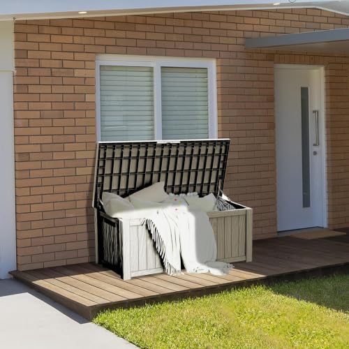 Outdoor Storage Box, 150 Gallon Waterproof Deck Box, Piston-Assisted Resin Trunk for Sectional Sofa Cushions, High-Capacity Lockable Double Storage Bench, Patio Lounge, Grey - Image 2
