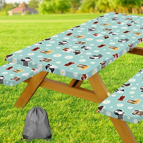 Cute Dog Picnic Table Cover with Bench Covers Camping Essentials Waterproof Windproof Funny Animal Daisy Flower Table Cover Fitted Tablecloth Cover with Elastic Edge for Outdoor 3 PCS 30x60 Inch by Xguatan