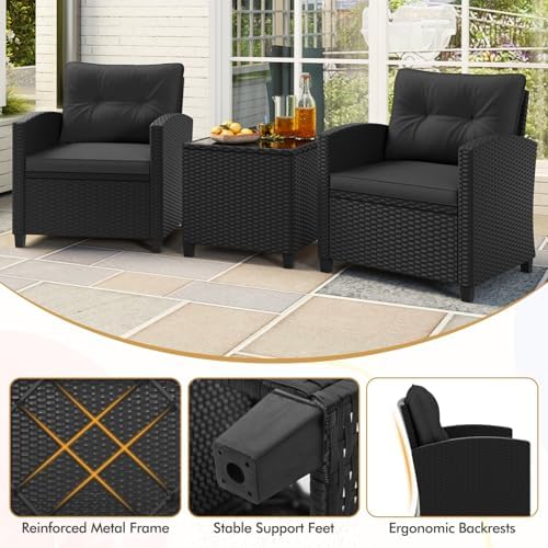 RELAX4LIFE 3-Piece Patio Furniture Set - Wicker Rattan Bistro Sofa Set with Glass Top Coffee Table, Washable Cushions for Porch, Balcony, Backyard, Poolside, Outdoor Conversation Set (Black) - Image 7