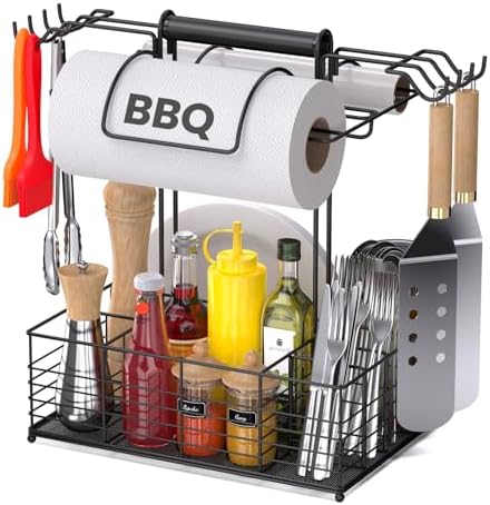 Grill Caddy for Outdoor Grill with 2 Paper Towel Holders,Barbecue Tool Sets Storage Organizer,BBQ Caddy for Outdoor Grill with 9 Compartments & 8 Hooks,Picnic Caddy Grilling Gifts for Men by GBEER