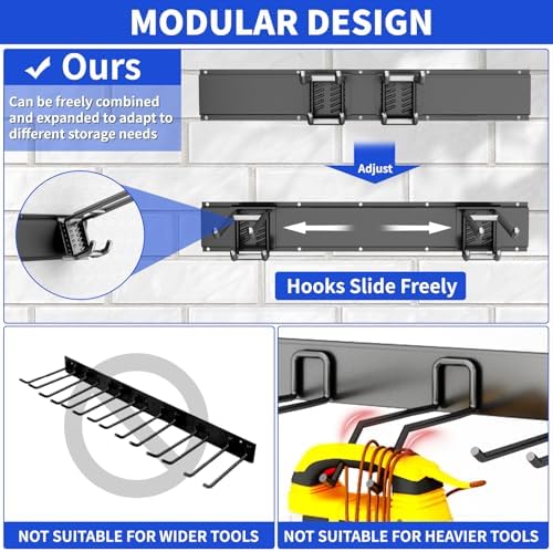 Garage Tool Organizer Wall Mount, 48 Inch Heavy Duty Garden Tool Organizer Storage System, Easy Install with 6 Adjustable Bilayer Hooks, for Garage, Basement, Shed, Workshop, Black, Steel - Image 4