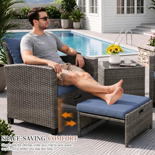 Vongrasig 5 Piece Patio Furniture Set, Small Balcony Furniture, PE Wicker Rattan Patio Chairs Set of 2, Outdoor Lounge Chairs with Cushions Ottomans &Glass Table for Porch Garden(Navy Blue) - Image 4