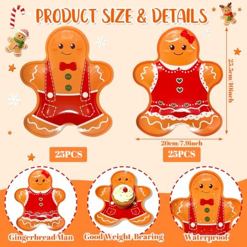 FOIMAS 50pcs Christmas Paper Plates, 10 Inch Gingerbread Man Plates Disposable Christmas Dessert Plate Tableware Party Plate for Xmas Party Supplies Winter Holiday Birthday Kitchen Table Decoration - Image 2