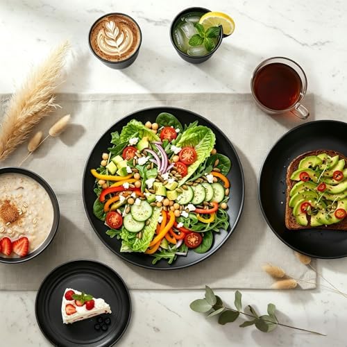 Kitchen Wheat Straw Dinnerware Set 40 PCS Black Dishware Sets for 8 Plastic Plates Reusable Dinner Plates Cereal Bowl Small Cups Dishwasher & Microwave Safe Unbreakable Dish Set for Picnic RV - Image 4