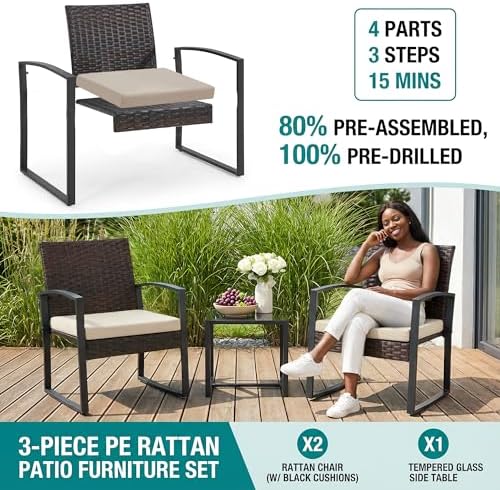 Bezseller 3-Piece Patio Furniture Set, Wicker Bistro Set, Brown - Image 5