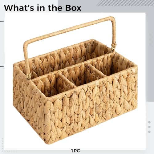 Wicker Storage Basket with 4 Compartments, 14.2 x 7.9 x 5.5 in Divided Organizer for Picnic, Kitchen Cutlery, Utensil and Condiment Bottles, Handled Woven Bin for Tabletop and Outdoor Use - Image 3