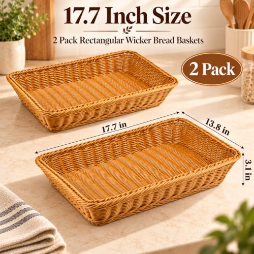 2 Pack Wicker Bread Baskets, 17.7 Inch Rectangular Serving Trays - Image 2