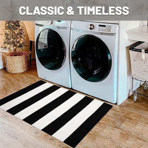 IOHOUZE 24x36 Striped Outdoor Door Mat, Washable Porch Rug, Black/White - Image 4