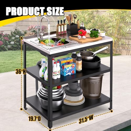 36"H Outdoor Kitchen Sink Station, Outdoor Sink with Hose Hook Up, Stainless Steel Outdoor Utility Sink with Countertop, Freestanding Laundry Sink for Backyard, Garage, Patio, Restaurant - Image 2