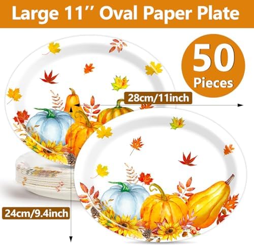 Qyeahkj 50PCS Fall Thanksgiving Oval Paper Plates Thanksgiving Heavy Duty Disposable Dinner Plates Fall Party Decorations Large 11'' Maple Leaves Pumpkin Party Supplies Autumn Tableware Set - Image 2
