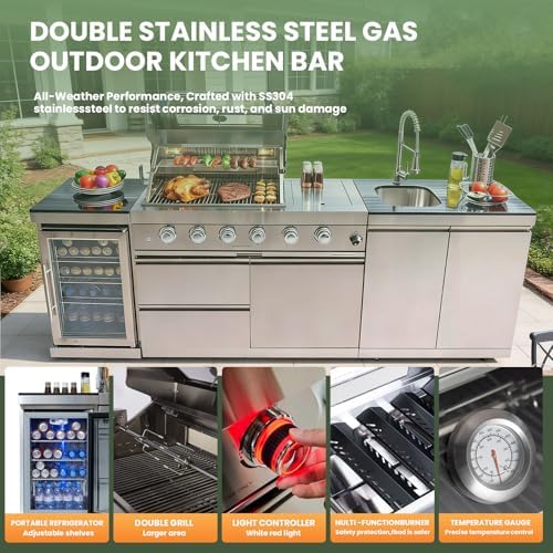 98" Rolling Outdoor Kitchen Island with Built-In 4 Burner 72,000 BTU Stainless Steel Gas Grill Featuring Rotisserie Oven,Granite Countertops,Beverage Fridge,Sink. (Silver + Fridge + Sink, Natural Gas) - Image 6