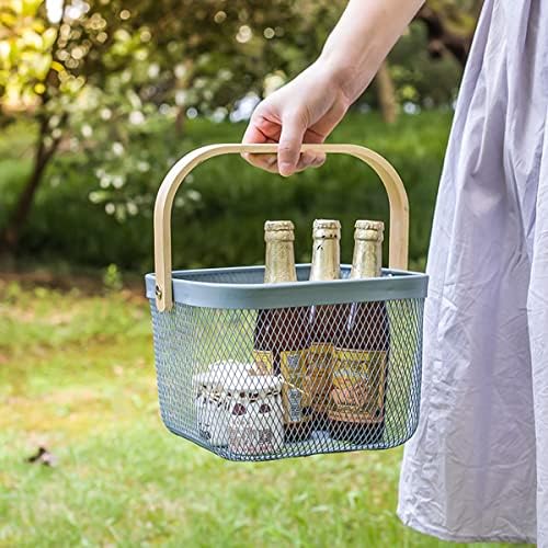 Mesh Steel Storage Organizer Basket Fruit Basket Bin with Wood Handle Ideal for Kitchen Bathroom Picnic Baskets Pantry Cabinets Storage Home Decor (Light Blue) - Image 3