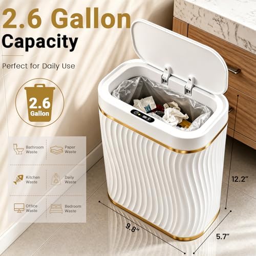 Bathroom Small Trash Can with Automatic Touchless Lid, 2.6 Gallon Smart Garbage Can Narrow Waterproof Trash Bin for Bedroom, Office, Living Room - Image 2
