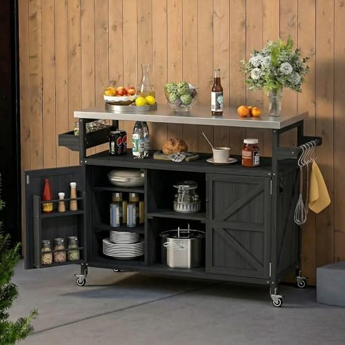 Outdoor Kitchen Island, Rolling Bar Cart & Storage Cabinet, Farmhouse Solid Wood Outdoor Grill Table with Stainless Steel Top, Spice Rack, Towel Rack for Kitchen & Barbecue, Black by Andehomy