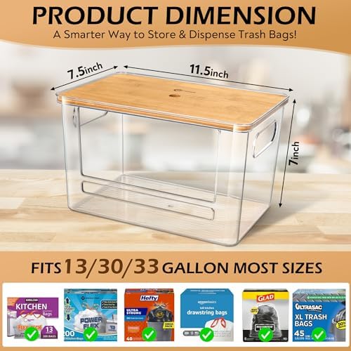 Stackable Trash Bag Dispenser with Wooden Top for Holding 13/30/33-Gallon Large Bag Sizes – Extra-Large Garbage Bag Holder with Anti-Slip Base, Trash Bag Dispenser Under Sink (11.5"x7.5"x7") - Image 2