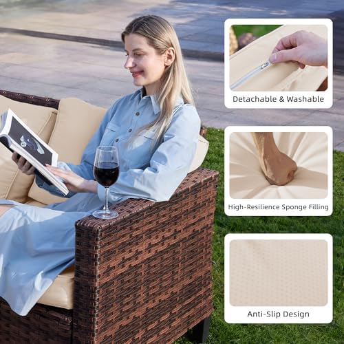 UDPATIO Patio Furniture Set, 5 Pieces Outdoor Furniture Sets with Rocking Swivel Chairs, Wicker Rattan Patio Conversation Set with Storage Table and Waterproof Covers for Backyard Deck Porch, Khaki - Image 5
