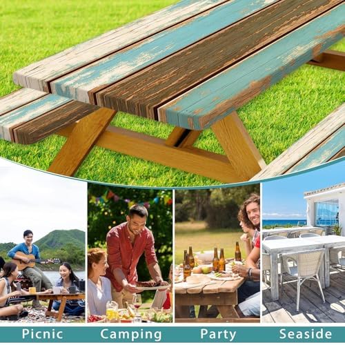 Picnic Table Cover with Bench Covers, Camping Essentials, Farmhouse Wood Green Waterproof Windproof Table Cover, Fitted Tablecloth Cover with Elastic Edge, for Indoor & Outdoor, 3 PCS, 30x60 Inch - Image 3
