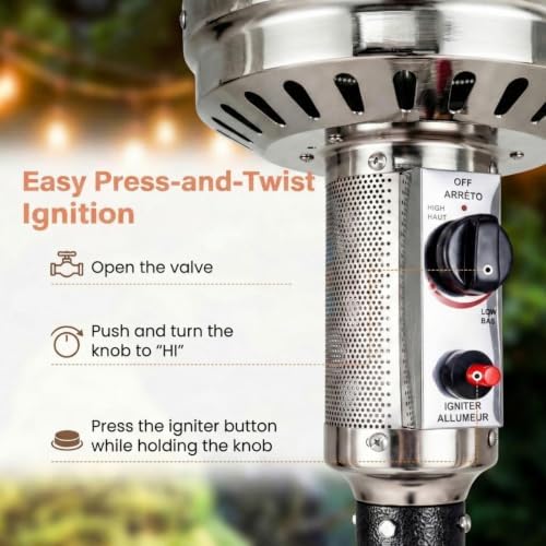 COSTWAY Outdoor Patio Heater, 47476 BTU Propane Heater with Stainless Steel Burner and Wheels, Triple Protection System, Standing Portable Outside Heater for Porch, Deck, Home and Commercial, Grey - Image 7