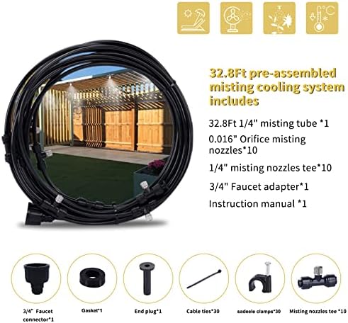 Fogland Misting System: Outdoor Cooling System 32.8FT Misting Cooling System with 10pcs 0.016" Orifice Thread Stainless Steel Mister Nozzle for Patio - Image 6
