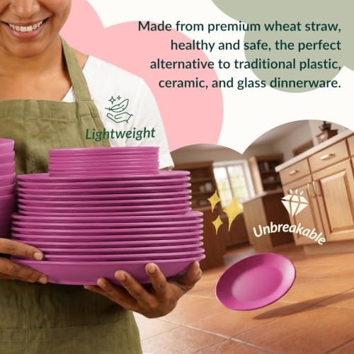 40-Piece Kitchen Plastic Wheat Straw Dinnerware Set, Dish Set for 8, Dinner Plates, Dessert Plate, Cereal Bowls, Cups, Appetizer Plates,Unbreakable Plastic Outdoor Camping Dishes,Pink - Image 5