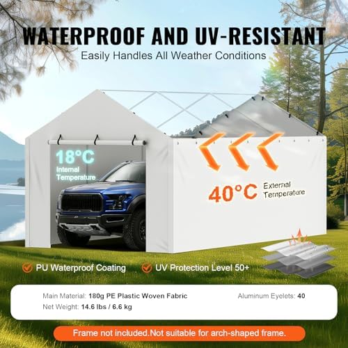 VEVOR Carport Replacement Canopy Cover Side Wall 10 x 20 ft, Garage Tent Shelter Tarp Heavy-Duty Waterproof & UV Protected, Easy Installation with Ball Bungees,White (Top and Frame Not Included) - Image 3