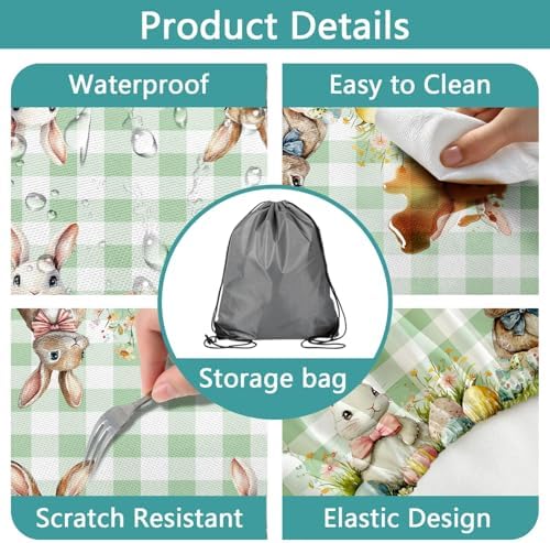 Easter Picnic Table Cover with Bench Covers, Camping Essentials, Easter Buffalo Plaid Rabbit Eggs Flower Outdoor Table Covers, Waterproof, Fitted Tablecloth Cover with Elastic Edge, 3 PCS, 30x96 Inch - Image 6