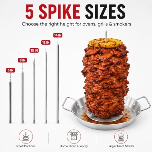 Al Pastor Skewer for Grill, 13 Inch Stainless Steel Vertical Skewer Pan with 5 Spikes, Grease Separator Tray, Tongs, Gloves & Basting Brushes, Shawarma Gyro Kebab Stand for Oven Smoker BBQ - Image 2