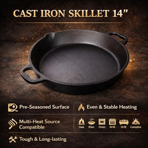 14-Inch Pre-Seasoned Cast Iron Skillet with Dual Assist Handles, Heavy-Duty Frying Pan for Stove, Oven, Grill & Campfire Cooking, Large Nonstick Cast Iron Pan for Home & Outdoor Use - Image 4