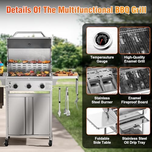 Electactic G31 Gas Grill, 3-Burner Gas Grill with Folding Side Tables,Stainless Steel 24,000 BTU BBQ Grill,Outdoor Propane Grill for Barbecue,Patio,Camping - Image 2
