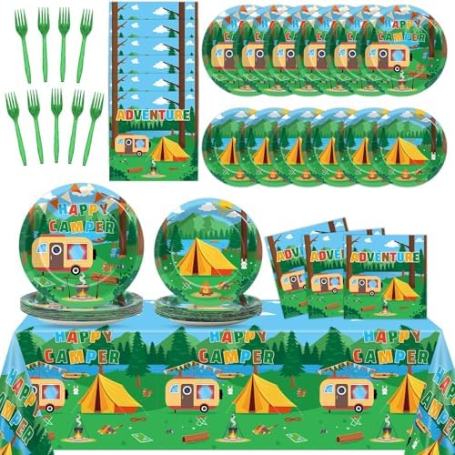 OBUSATT Camping Party Decoration Happy Camper Party Plates Napkins Tablecloth Camping Adventure Party Supplies Camping Birthday Disposable Tableware Set for Camping Themed Events Supplies Serve 25 by OBUSATT