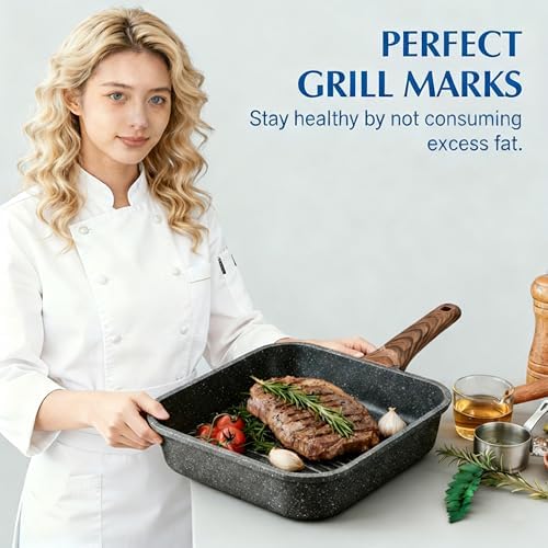 Simple Deluxe 3 Pieces Nonstick Grill Pan Set, Square Versatile Griddle Pans with Wooden Handle, Durable Skillet Indoor & Outdoor Use, All Stovetops Compatible(9.5", 10.2", 11"), PFOA Free, Black - Image 4