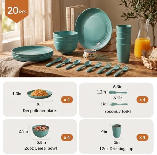 Wheat Straw Dinnerware Sets, Homienly 20pcs Unbreakable Microwave Dishwasher Safe Tableware Lightweight Bowls, Cups, Plates Set Reusable Dinner Plates Bowls set (Green) - Image 2