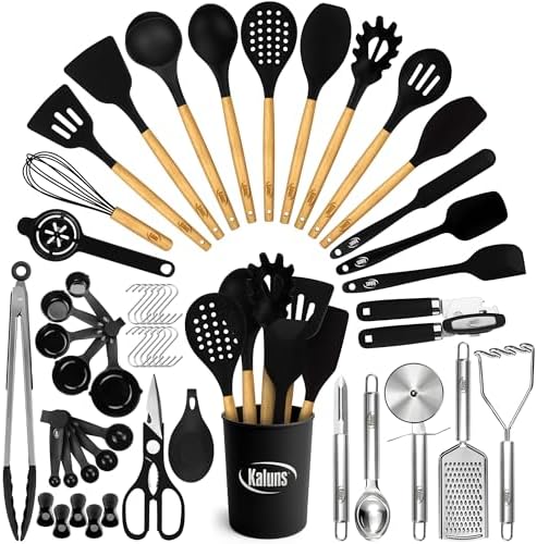 Kaluns 50 PCS Silicone Kitchen Utensils Set Complete Kitchen Set - 800°F Heat Resistant Non-Stick Premium Silicone Cooking Utensils W Wooden Handles - Can Opener, Masher, Turner, Silicone Spatula Set by Kaluns%C2%AE