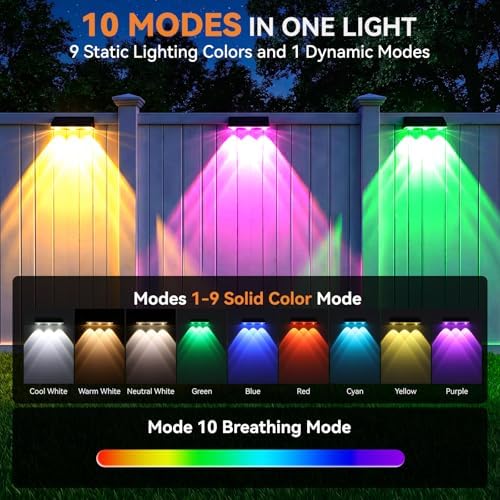 Solar Fence Lights Outdoor 10 Pack, Upgraded Brightness 3X LED Lens Fence Lights Solar Powered, 9 Fixed Colors & RGB Lights, IP65 Waterproof Solar Lights for Outside Backyard/Railing/Step/Patio - Image 3