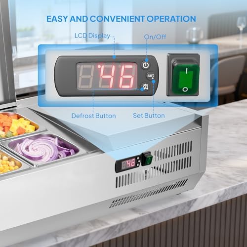 ROVSUN Refrigerated Condiment Prep Station, 40" Sandwich Prep Table ETL NSF, 18QT Salad Bar Prep Rail w/Auto Defrost, Temp Control, Stainless Steel Cover, 1/3 Pan & 4 1/6 Pan for Restaurant Food Truck - Image 6
