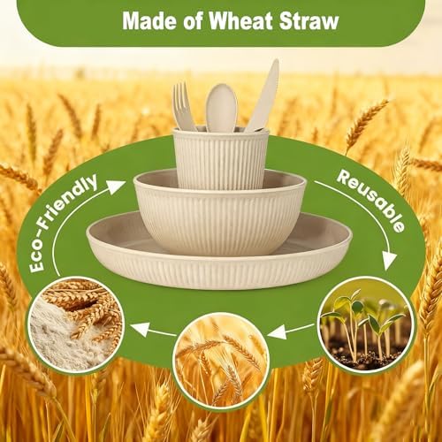 36-Piece Reusable Wheat Straw Dinnerware Sets for 6, Farielyn-X Unbreakable Reusable Set Kitchen Cups, Plates, Bowls Sets & Cultery Dishwasher Microwave Safe - Patio, Outdoors, RV, Camping Dishes - Image 2