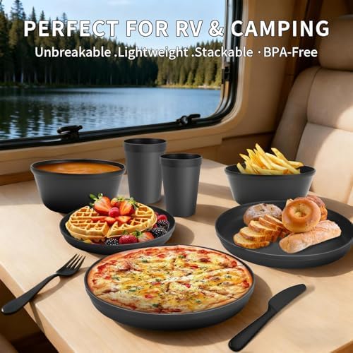 40 Piece Plastic Dinnerware Set for 8 with Cutlery, Unbreakable Plates and Bowls Set, Dishwasher & Microwave Safe Reusable Dish Set for Camping, RV, Outdoor Kitchen, Apartment Dining,Rainbow Multicol - Image 3