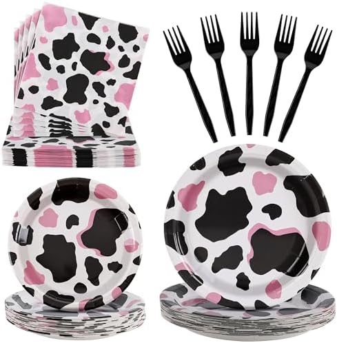 100 Pcs Disposable Pink Cow Print Tableware Set for 25 Guests by COSINIA