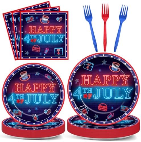 96PCS Happy 4th of July Party Plates and Napkins Neon Independence Day Decoration American Patriotic Plates Neon Red Blue Disposable Tableware for Veterans Memorial Day Birthday Gatherings Decorations by Oitnlaughter
