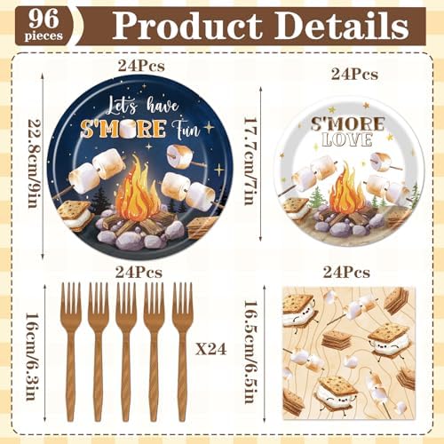 Smores Camping Birthday Party Decorations, 96PCS Camping Disposable Paper Plates and Napkin Tableware Decoration Let‘s Have S'more Fun Forks Decor Baby Shower Supplies, Serves 24 - Image 2