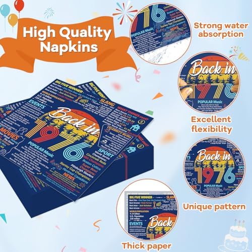96Pcs Vintage 50th Party Paper Plates and Napkins 50th Birthday Party Decorations Blue Back in 1976 Paper Plates Cheers to 50 Years Disposable Tableware for Women Men Birthday Gatherings Decorations - Image 4