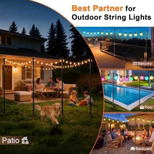 6 Pack String Light Poles for Outside, Upgraded Heavy-Duty Metal Poles for Outdoor String Lights with Fork, Adjustable Lighting Hanging Accessories for Patio Decor Pergola Backyard Garden Decorations - Image 3
