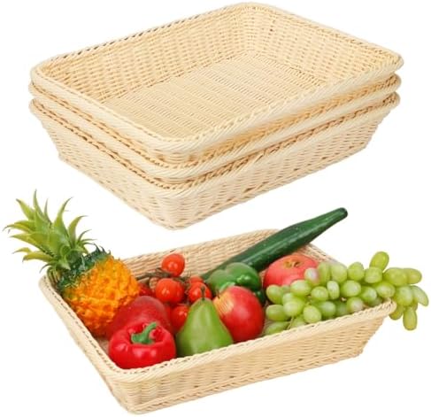 4 Pack 16 inch Poly Wicker Baskets, Rectangle Poly Wicker Break Baskets – Rustic, Durable & Easy-Cleaning for Home, Restaurant & Hotel Use by Geytetqi