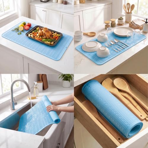 MicoYang Silicone Dish Drying Mat for Multiple Usage,Easy clean,Eco-friendly,Heat-resistant Silicone Mat for Kitchen Counter or Sink,Refrigerator or Drawer Liner Light Blue 5XL 36inches x 18inches - Image 4